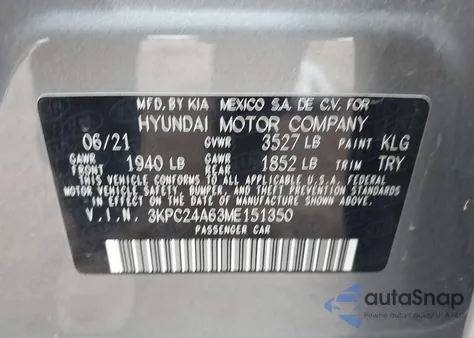 2021 Hyundai Accent Se z USA, uszkodzony, nr VIN 3KPC24A63ME151350